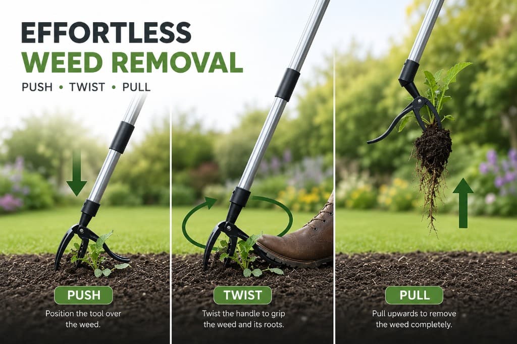 Stand-up weed removal tool — push, twist, and pull to remove weeds without bending